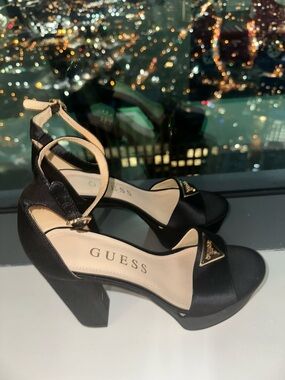 Guess Black Satin Block Heel Sandals with Ankle Strap